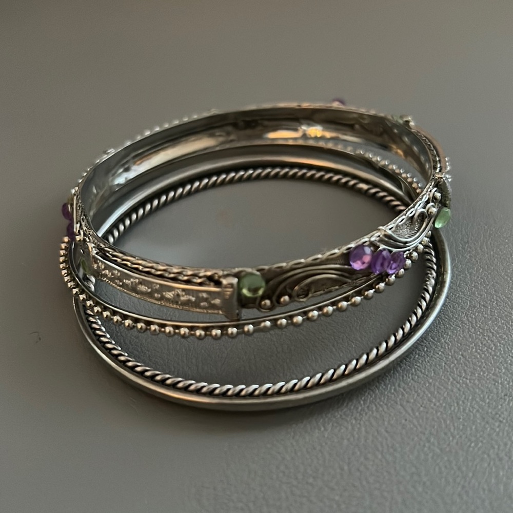 Set of Five Silver Bangle Bracelets with Gemstones